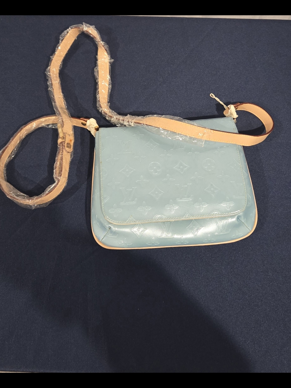 Light Blue Crossbody Bag with Tan Trim